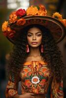 photo of emotional dynamic pose Brazilian woman in autumn AI Generative