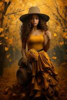 photo of emotional dynamic pose Brazilian woman in autumn AI Generative