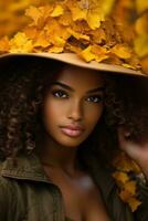 photo of emotional dynamic pose Brazilian woman in autumn AI Generative