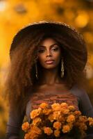 photo of emotional dynamic pose Brazilian woman in autumn AI Generative