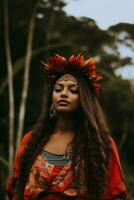 photo of emotional dynamic pose Brazilian woman in autumn AI Generative