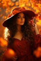 photo of emotional dynamic pose Brazilian woman in autumn AI Generative