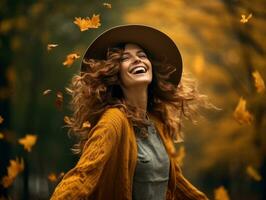 photo of emotional dynamic pose Brazilian woman in autumn AI Generative