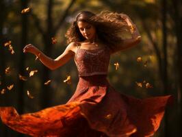 photo of emotional dynamic pose Brazilian woman in autumn AI Generative