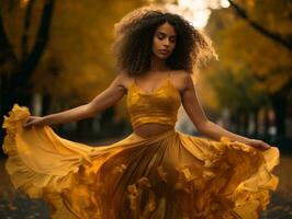 photo of emotional dynamic pose Brazilian woman in autumn AI Generative