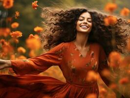 photo of emotional dynamic pose Brazilian woman in autumn AI Generative