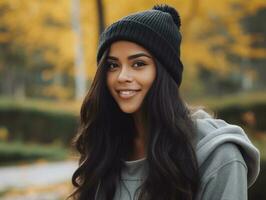 foto de emocional dinámica actitud brasileño mujer en otoño ai generativo