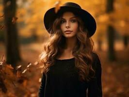 photo of emotional dynamic pose Brazilian woman in autumn AI Generative