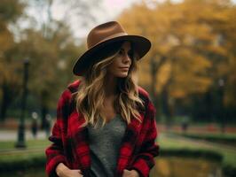 foto de emocional dinámica actitud brasileño mujer en otoño ai generativo