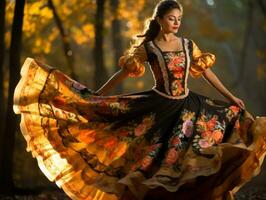 photo of emotional dynamic pose Mexican woman in autumn AI Generative