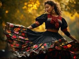 photo of emotional dynamic pose Mexican woman in autumn AI Generative