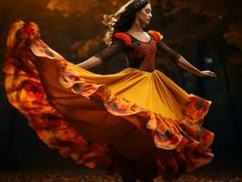 photo of emotional dynamic pose Mexican woman in autumn AI Generative