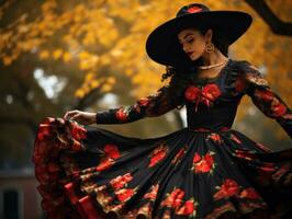 photo of emotional dynamic pose Mexican woman in autumn AI Generative