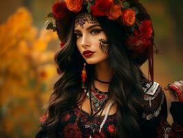 photo of emotional dynamic pose Mexican woman in autumn AI Generative