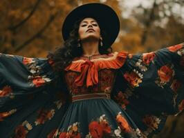 photo of emotional dynamic pose Mexican woman in autumn AI Generative