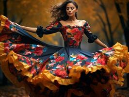 photo of emotional dynamic pose Mexican woman in autumn AI Generative