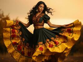 photo of emotional dynamic pose Mexican woman in autumn AI Generative