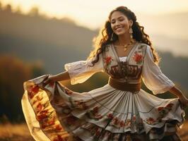 photo of emotional dynamic pose Mexican woman in autumn AI Generative