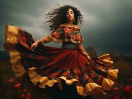 photo of emotional dynamic pose Mexican woman in autumn AI Generative