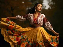 photo of emotional dynamic pose Mexican woman in autumn AI Generative