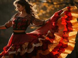 photo of emotional dynamic pose Mexican woman in autumn AI Generative