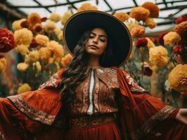 photo of emotional dynamic pose Mexican woman in autumn AI Generative