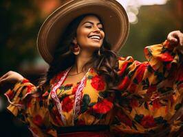 photo of emotional dynamic pose Mexican woman in autumn AI Generative