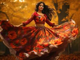 photo of emotional dynamic pose Mexican woman in autumn AI Generative