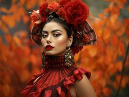 photo of emotional dynamic pose Mexican woman in autumn AI Generative