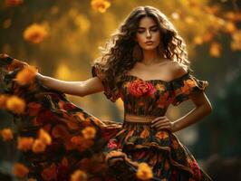 photo of emotional dynamic pose Mexican woman in autumn AI Generative