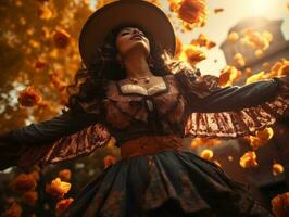 photo of emotional dynamic pose Mexican woman in autumn AI Generative