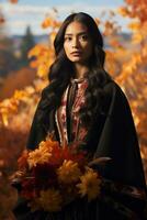photo of emotional dynamic pose Mexican woman in autumn AI Generative