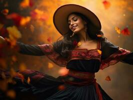 photo of emotional dynamic pose Mexican woman in autumn AI Generative