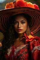 photo of emotional dynamic pose Mexican woman in autumn AI Generative