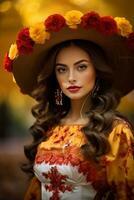 photo of emotional dynamic pose Mexican woman in autumn AI Generative