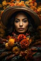 photo of emotional dynamic pose Mexican woman in autumn AI Generative