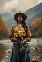 photo of emotional dynamic pose Mexican woman in autumn AI Generative