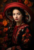 photo of emotional dynamic pose Mexican woman in autumn AI Generative