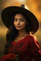 photo of emotional dynamic pose Mexican woman in autumn AI Generative