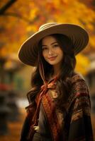 photo of emotional dynamic pose Mexican woman in autumn AI Generative