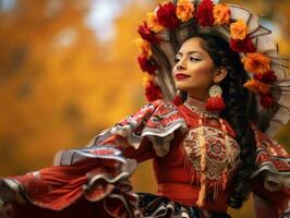 photo of emotional dynamic pose Mexican woman in autumn AI Generative