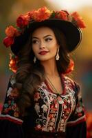 photo of emotional dynamic pose Mexican woman in autumn AI Generative