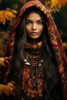 photo of emotional dynamic pose Mexican woman in autumn AI Generative