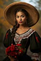 photo of emotional dynamic pose Mexican woman in autumn AI Generative