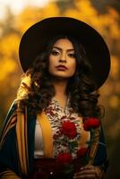 photo of emotional dynamic pose Mexican woman in autumn AI Generative