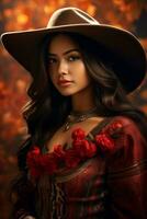 photo of emotional dynamic pose Mexican woman in autumn AI Generative