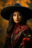 photo of emotional dynamic pose Mexican woman in autumn AI Generative