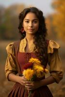 photo of emotional dynamic pose Mexican woman in autumn AI Generative