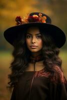 photo of emotional dynamic pose Mexican woman in autumn AI Generative