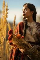 photo of emotional dynamic pose Mexican woman in autumn AI Generative